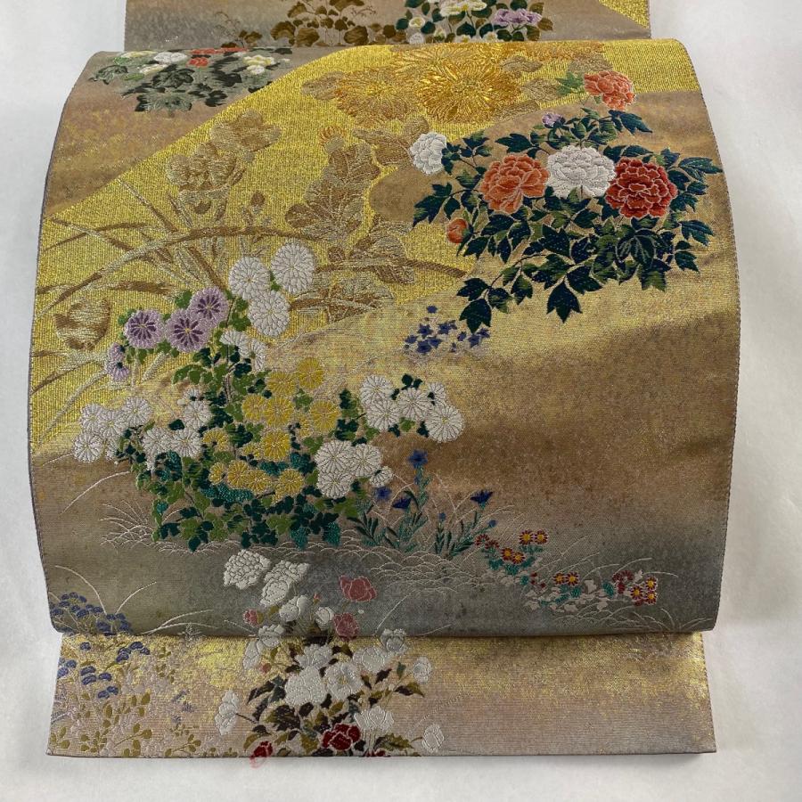 袋帯 美品 逸品 とみや織物 証紙あり 春秋草花文 金糸 箔 金色 六通