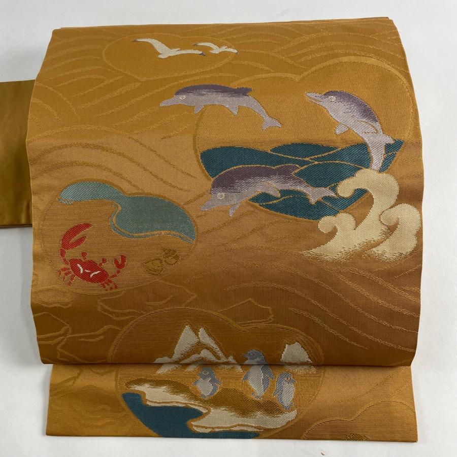 名古屋帯 美品 逸品 イルカ 蟹 山吹茶色 正絹 中古 : リユースセレクト  