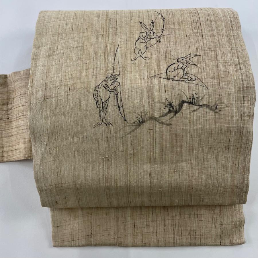 名古屋帯 美品 名品 夏帯 鳥獣戯画 薄茶色 麻 中古 : リユースセレクト  