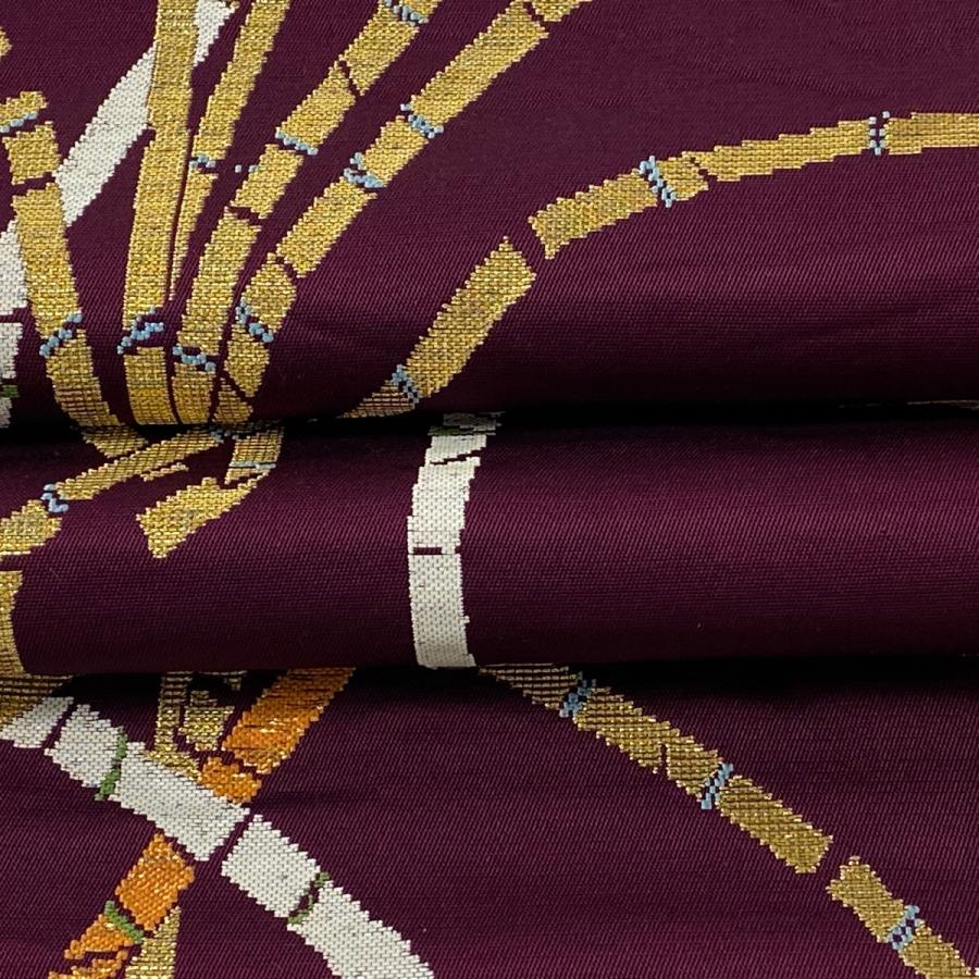 袋帯 逸品 龍村平蔵 落款あり 豊公芒文錦 金糸 箔 赤紫 六通 正絹 中古