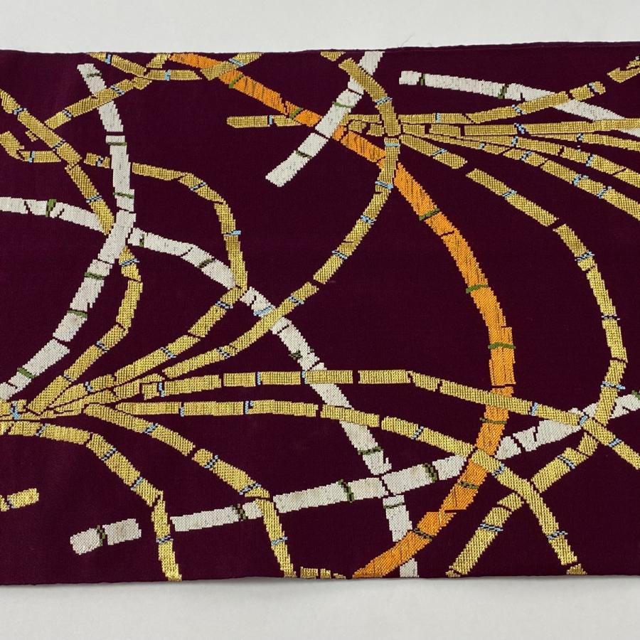 袋帯 逸品 龍村平蔵 落款あり 豊公芒文錦 金糸 箔 赤紫 六通 正絹 中古