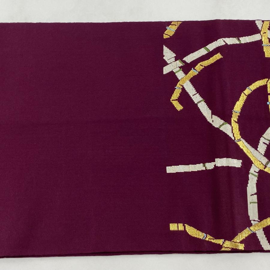 袋帯 逸品 龍村平蔵 落款あり 豊公芒文錦 金糸 箔 赤紫 六通 正絹 中古