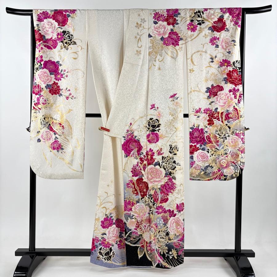 振袖 身丈159.5cm 裄丈66cm M 袷 薔薇 草花 箔 銀通し クリーム