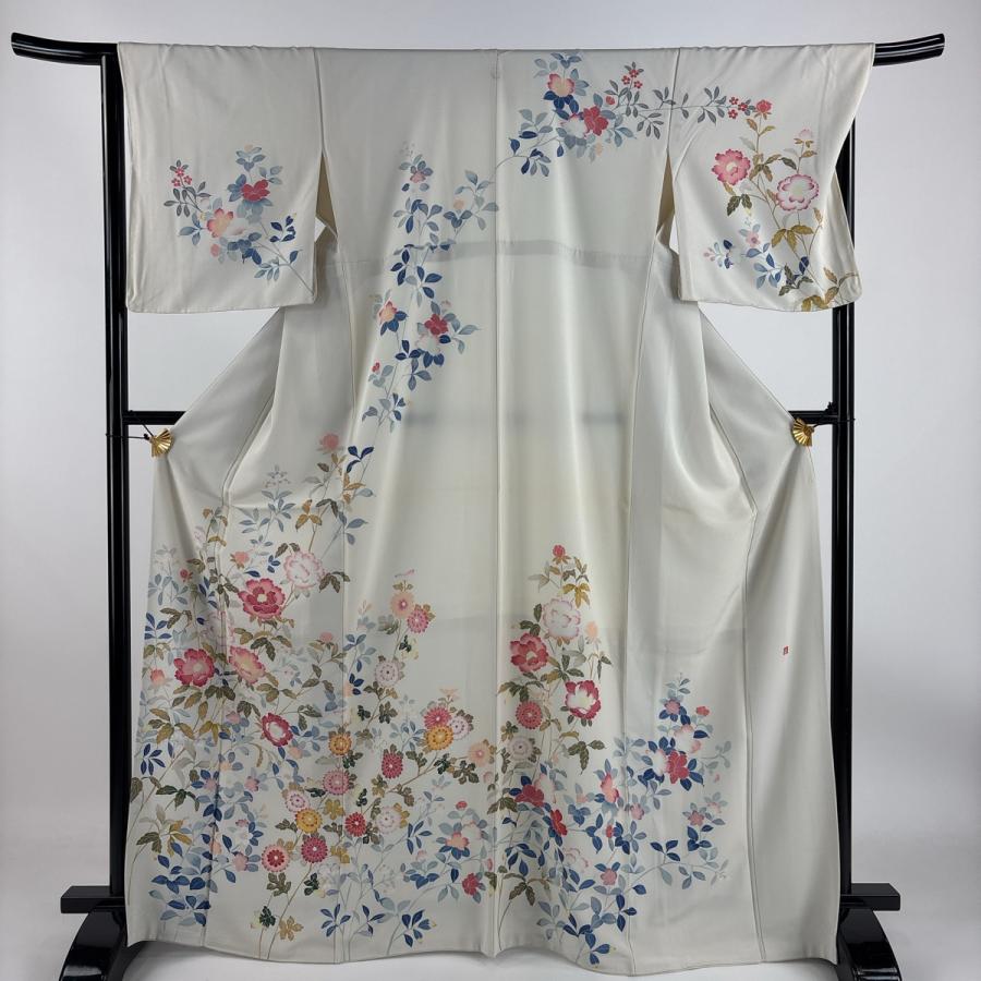 訪問着 身丈167cm 裄丈66.5cm M 袷 落款あり 牡丹 菊 クリーム 正絹 秀