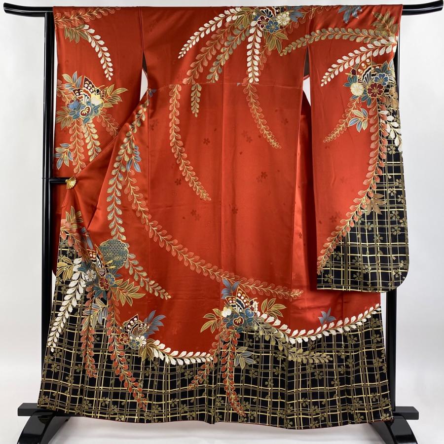 振袖 身丈162.5cm 裄丈64.5cm M 袷 蝶 藤 金糸 金彩 赤 正絹 美品 秀品