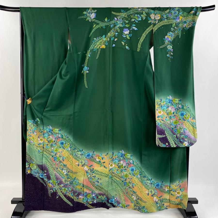 振袖 身丈166cm 裄丈68cm L 袷 枝花 蝶 染め分け 金彩 灰緑 正絹