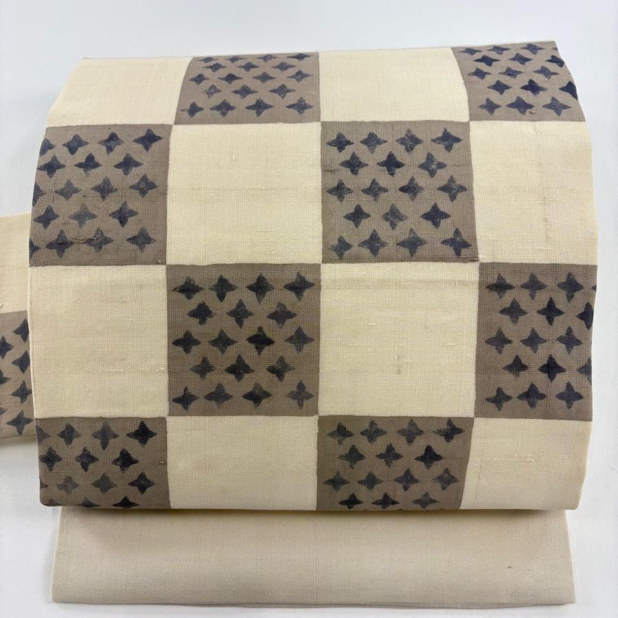 週末Sale☆【新品・未使用/夏用】アイボリー 市松　正絹 名古屋帯 幾何学模様 名古屋帯 名品 夏帯 紬地 市松 幾何学 ベージュ 正絹 中古 : リユース