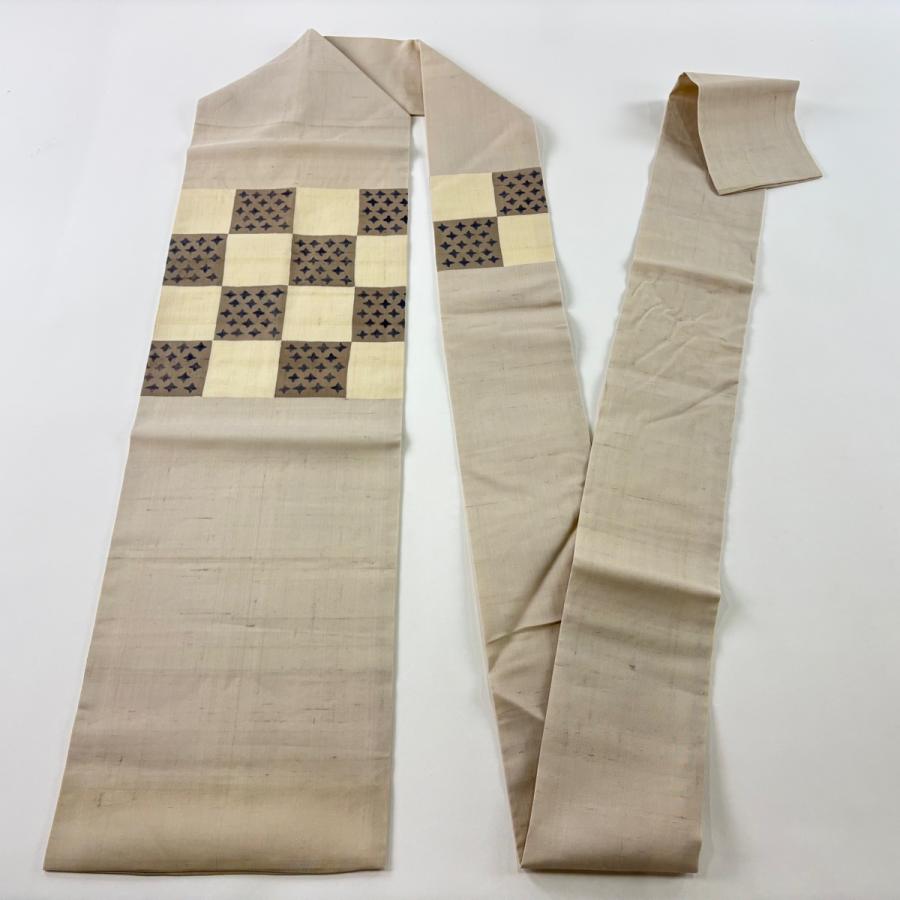週末Sale☆【新品・未使用/夏用】アイボリー 市松　正絹 名古屋帯 幾何学模様 名古屋帯 名品 夏帯 紬地 市松 幾何学 ベージュ 正絹 中古 : リユース