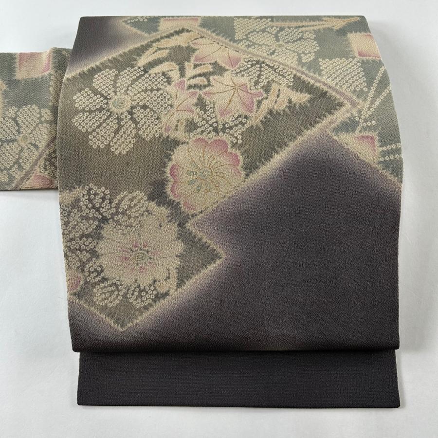 名古屋帯 名品 松梅 楓 金彩 縮緬 灰茶 正絹 中古 : リユース