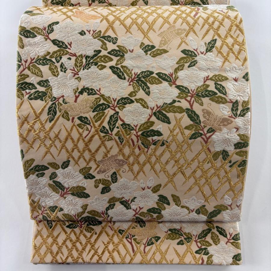 袋帯 美品 名品 草花 蝶 唐織 箔 ベージュ 六通 正絹 中古 在庫一掃