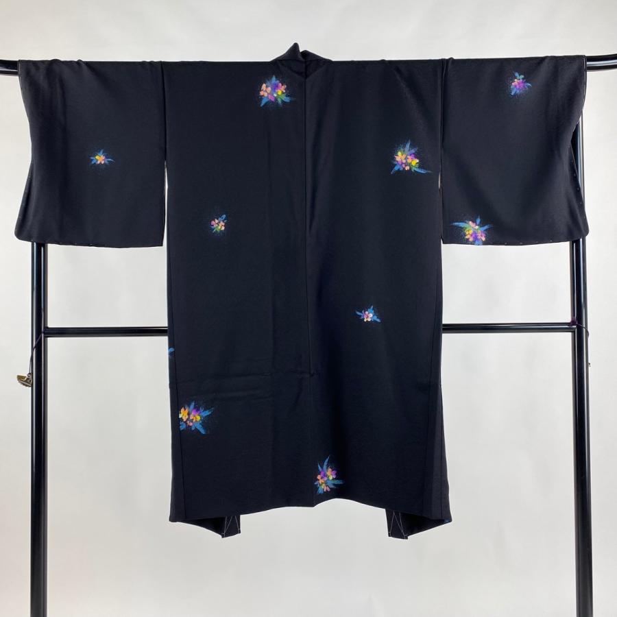 羽織 身丈111.5cm 裄丈69.5cm L 草花 黒 正絹 美品 逸品 中古  