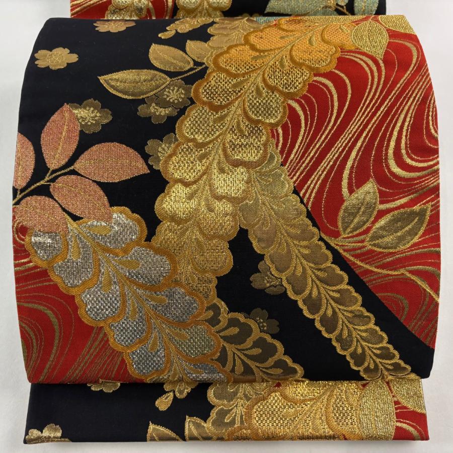 袋帯 美品 秀品 振袖向き 藤 桜 金糸 箔 黒 六通 正絹 中古