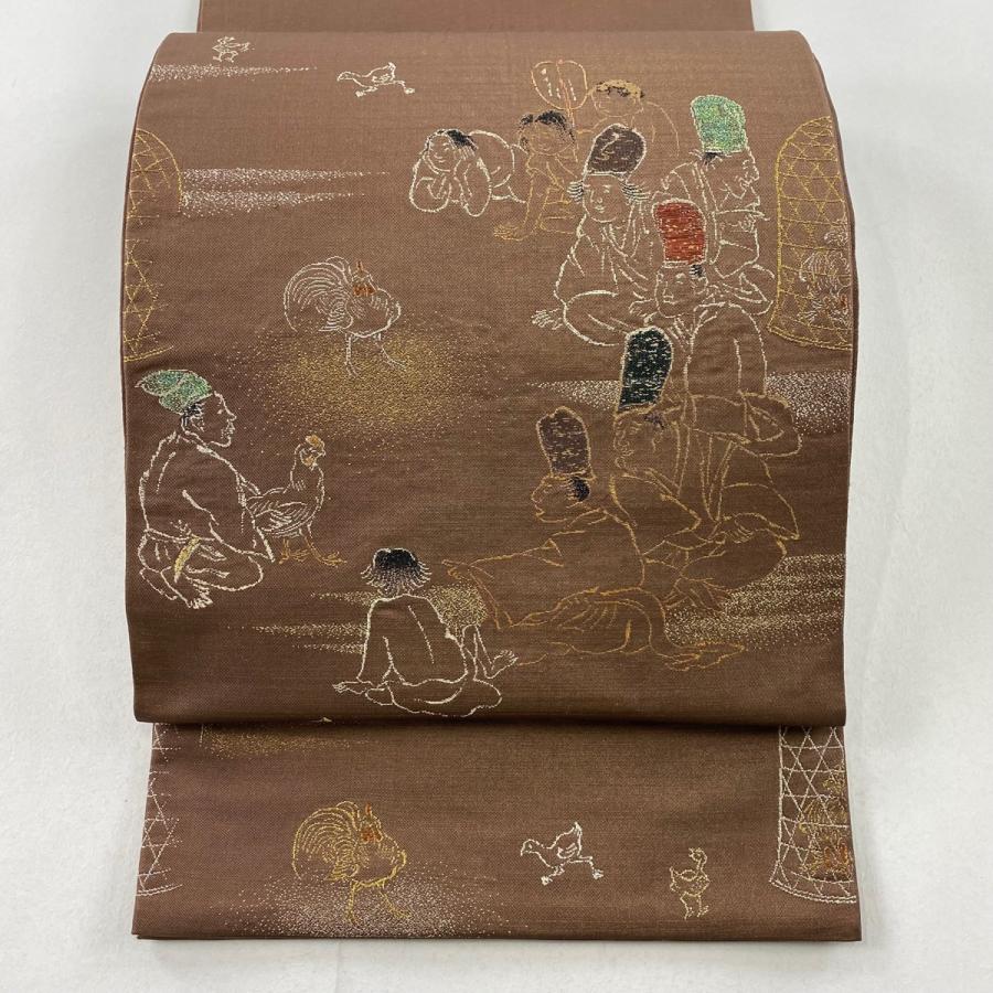 袋帯 美品 逸品 龍村平蔵 落款あり 鳥羽絵鳥合錦 人物 金糸 箔 茶色