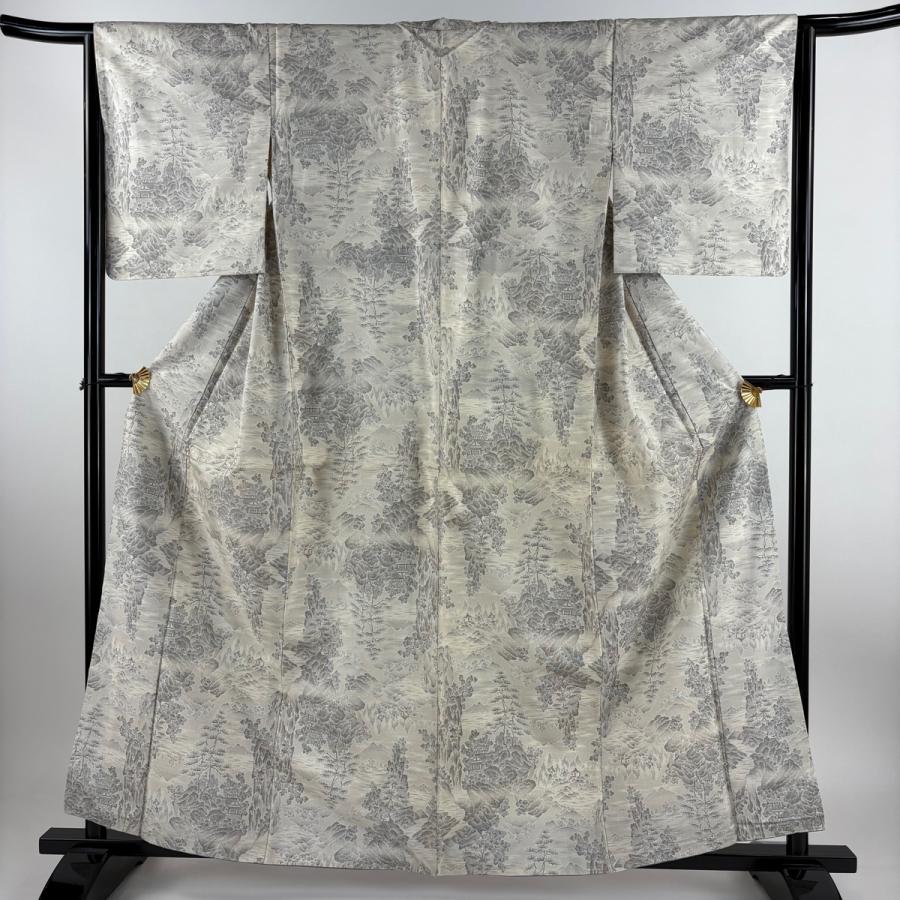 紬 身丈160.5cm 裄丈64cm M 袷 風景 建物 灰白 正絹 秀品 中古 在庫