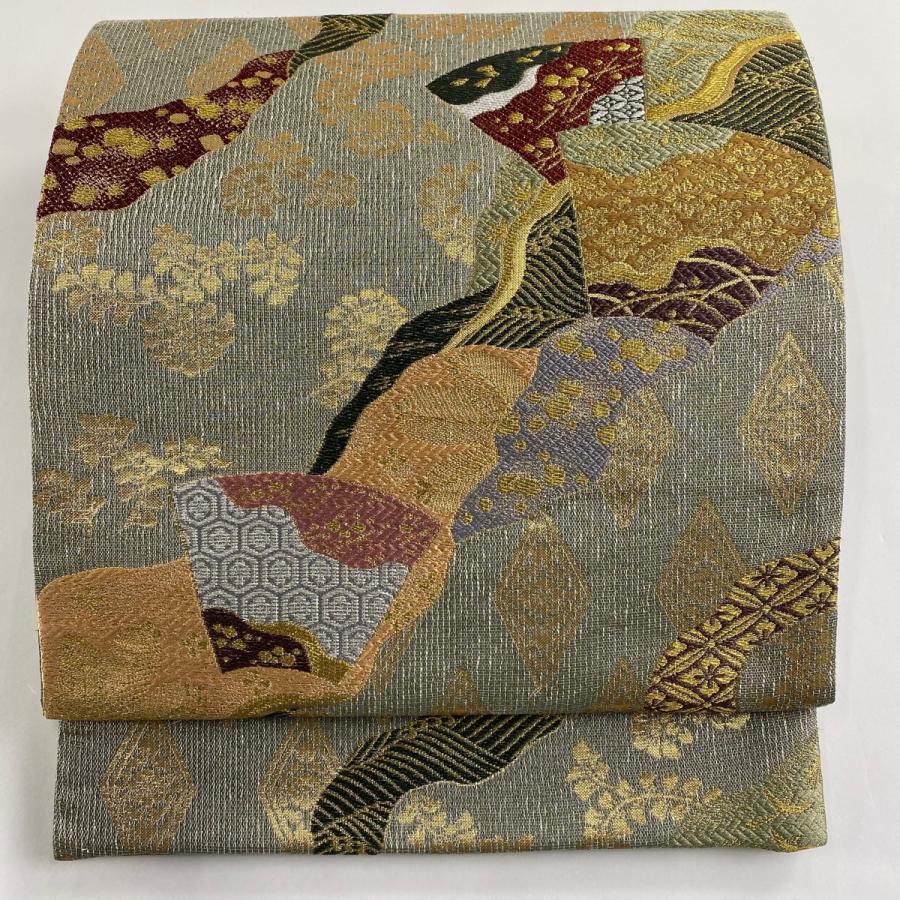 袋帯 美品 秀品 やまと 草花 波 金銀糸 刺繍 薄緑 六通 正絹