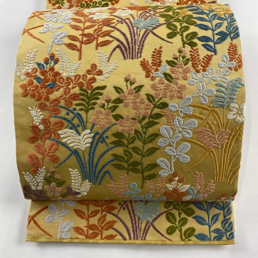 袋帯 秀品 関西仕立て 草花 唐織 黄土色 六通 正絹 中古 : リユース