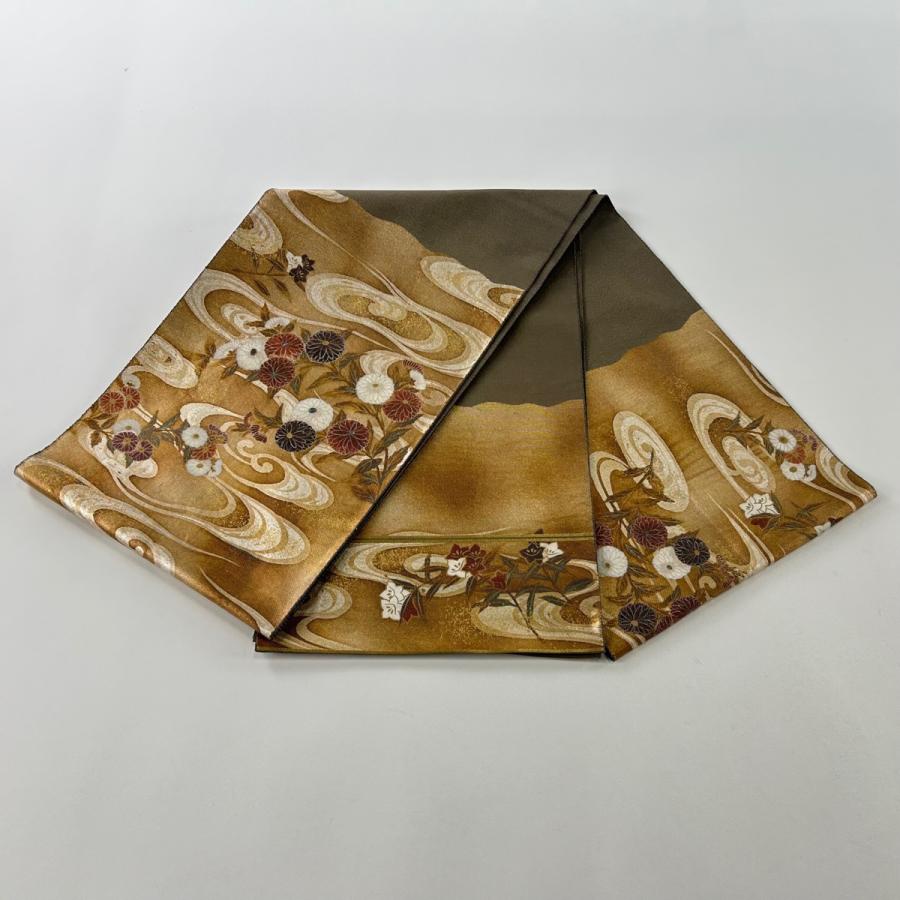 袋帯 秀品 菊 流水 螺鈿箔 金銀彩 焦茶色 お太鼓柄 正絹 中古 美品 