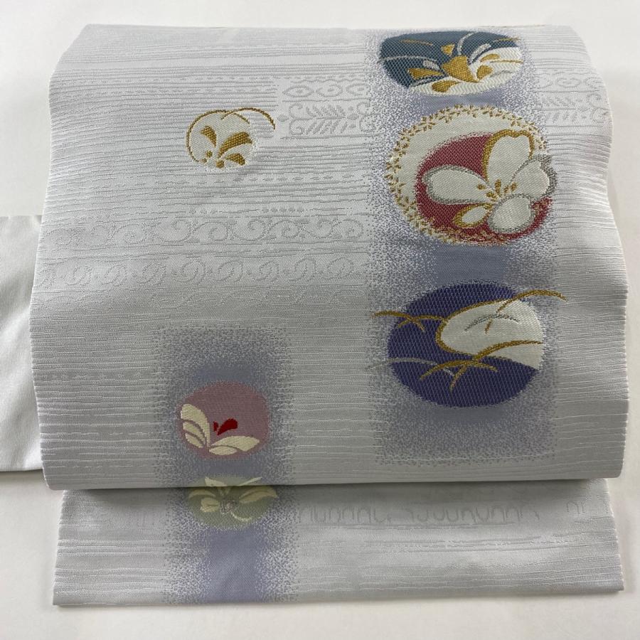 名古屋帯 美品 秀品 桜 流水 金銀糸 青灰色 正絹 中古 : リユース