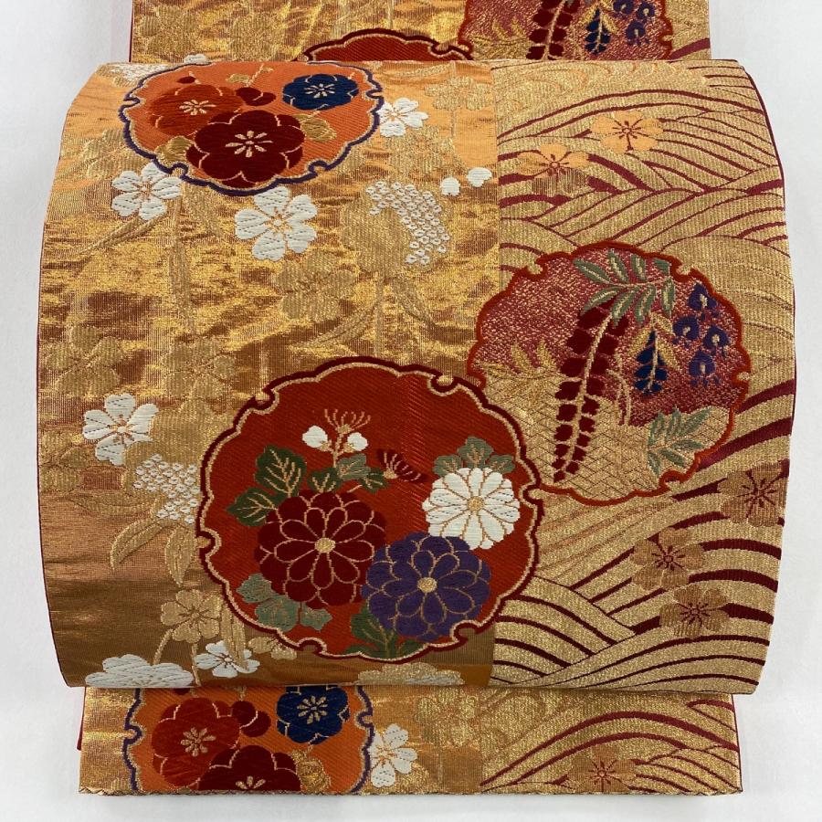 袋帯 秀品 関西仕立て 雪輪 草花 金糸 箔 金色 六通 正絹 中古