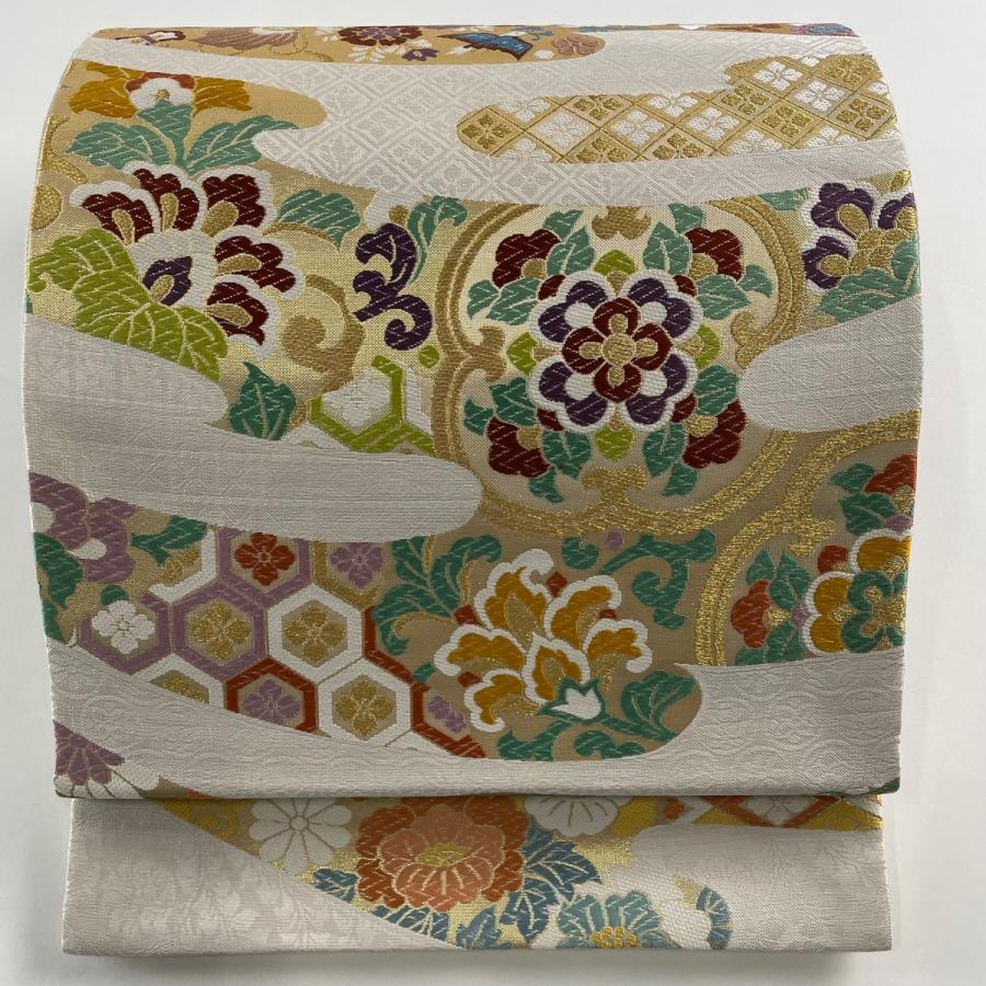 袋帯 美品 名品 華文 花唐草 箔 金糸 灰白 六通 正絹 中古