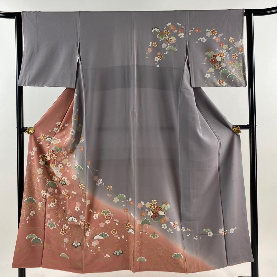 訪問着 身丈150cm 裄丈62.5cm S 袷 枝梅 雪輪 金銀彩 ぼかし 灰紫 正絹