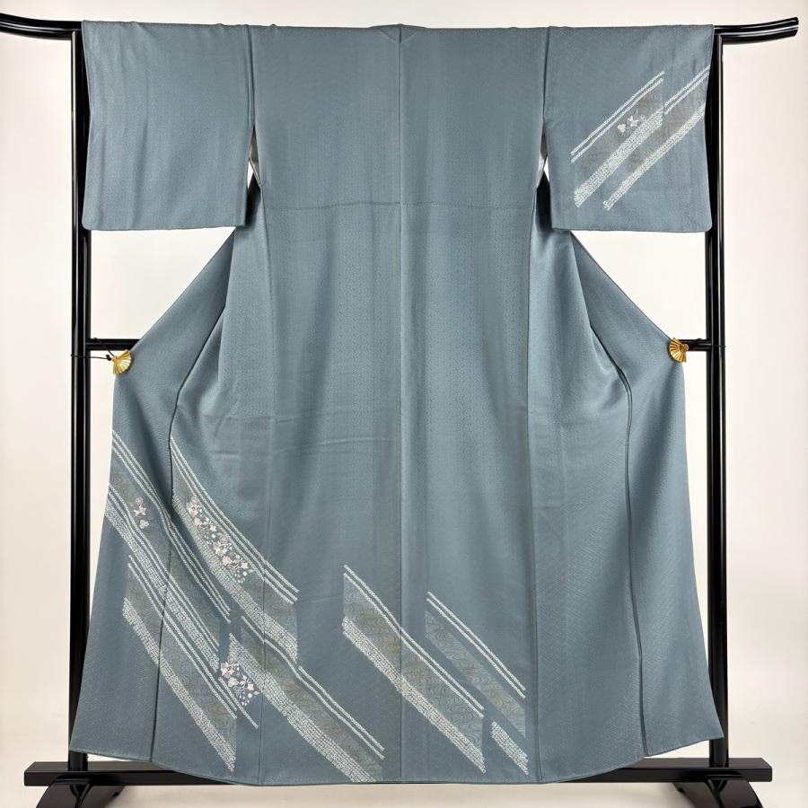 付下げ 身丈158cm 裄丈64.5cm M 袷 草花 流水 刺繍 絞り 灰緑 正絹 秀