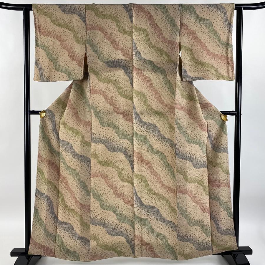 小紋 身丈161.5cm 裄丈62cm S 袷 霞 幾何学 縮緬 薄茶色 正絹 秀品