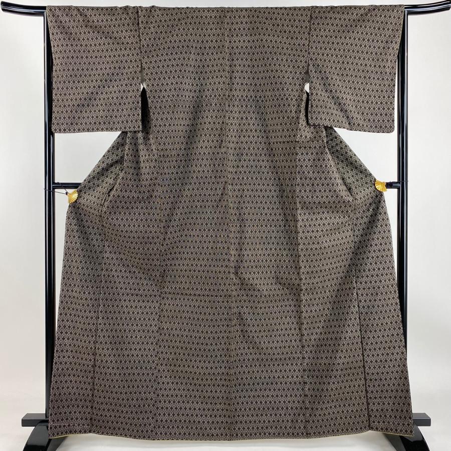 紬 身丈165cm 裄丈65cm M 袷 幾何学模様 焦茶色 正絹 美品 秀品 中古