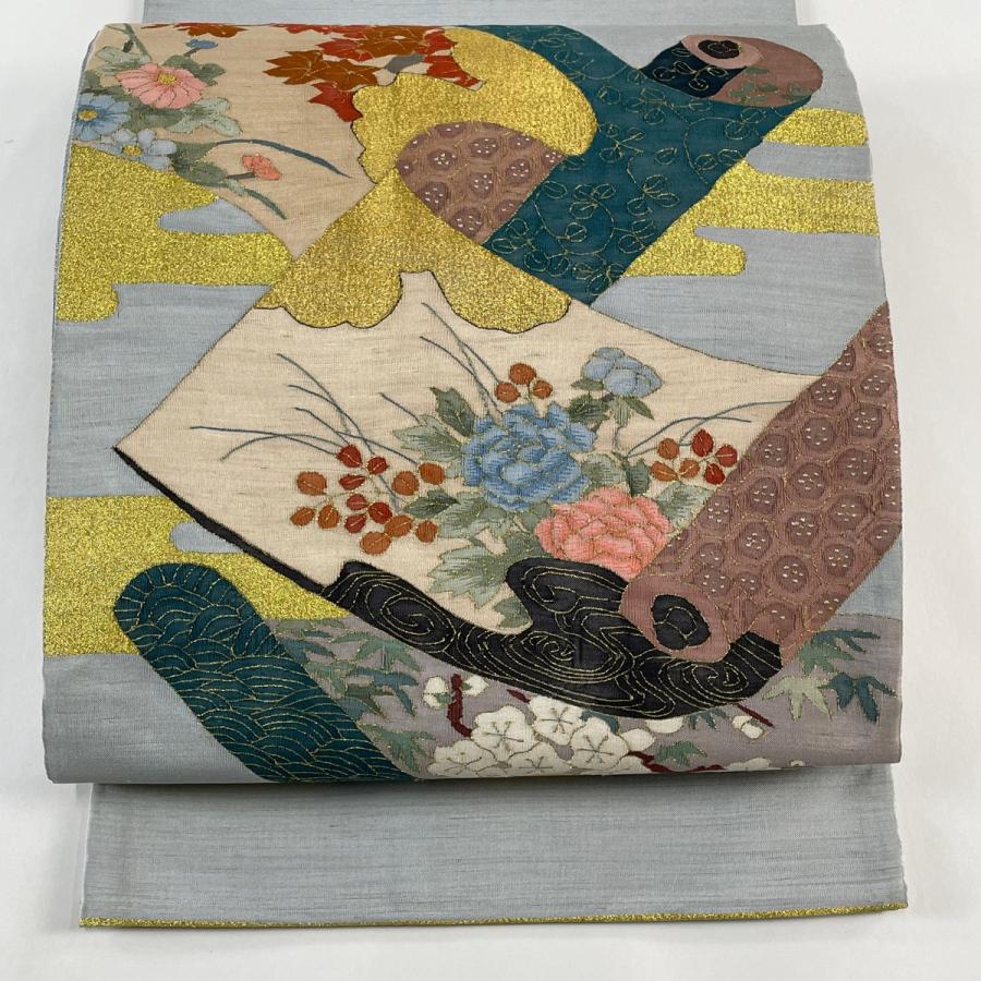 袋帯 名品 巻物 草花 金糸 青灰色 お太鼓柄 正絹 中古 : リユース