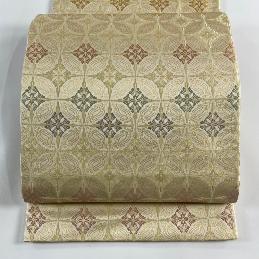 袋帯 名品 箔屋清兵衛 落款あり 鳥襷文 ベージュ 六通 正絹 中古