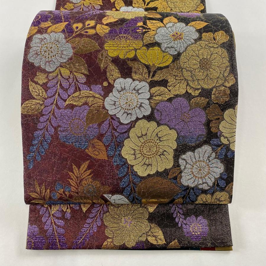 袋帯 美品 名品 草花 箔 紫 六通 正絹 中古 在庫一掃 : リユース