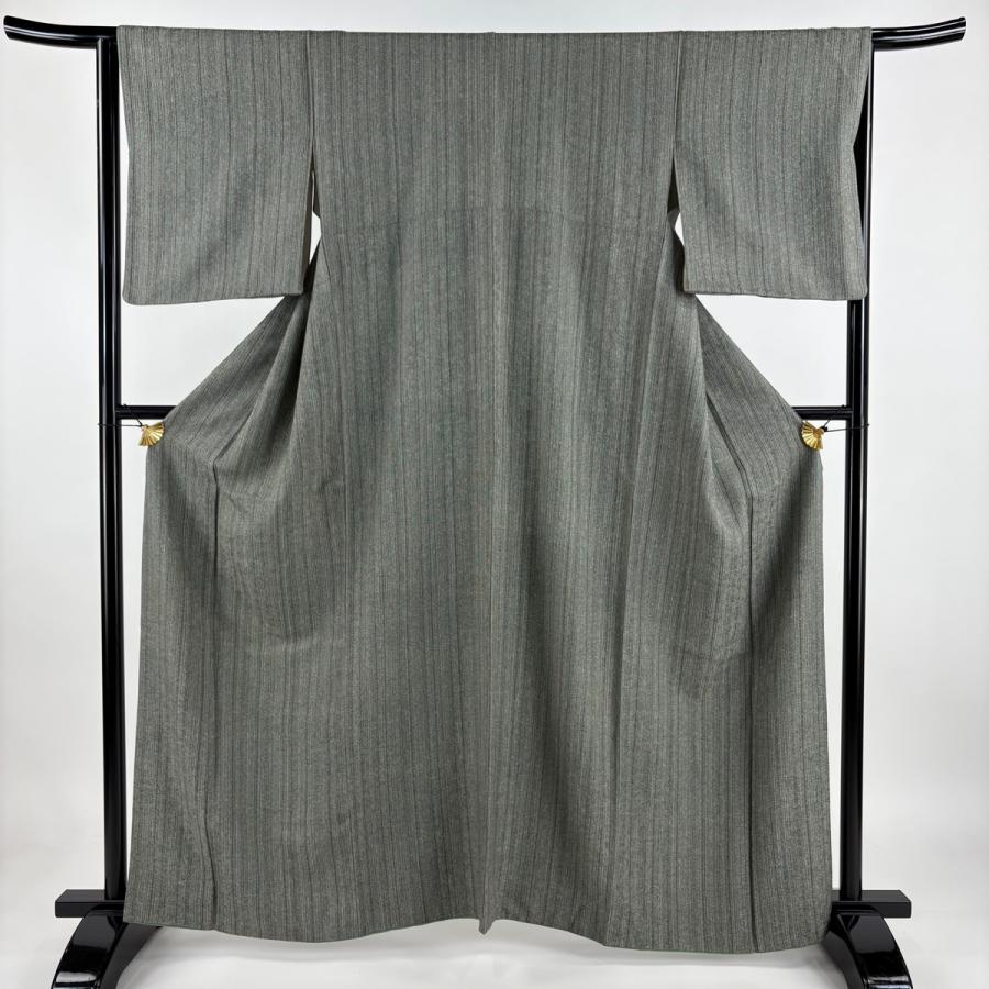 小紋 身丈161cm 裄丈64.5cm M 袷 縦縞 灰緑 正絹 秀品 中古 在庫一掃