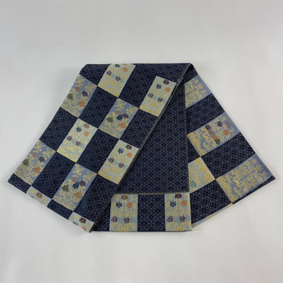 袋帯 逸品 落款あり 山口弘躬染織 鈴乃屋 七宝 桐 金糸 紺色