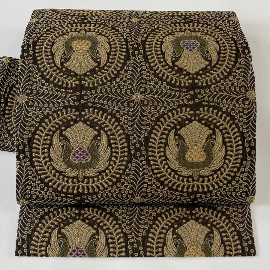 名古屋帯 美品 逸品 前田仁仙 落款あり 草花 幾何学 焦茶色 正絹 中古