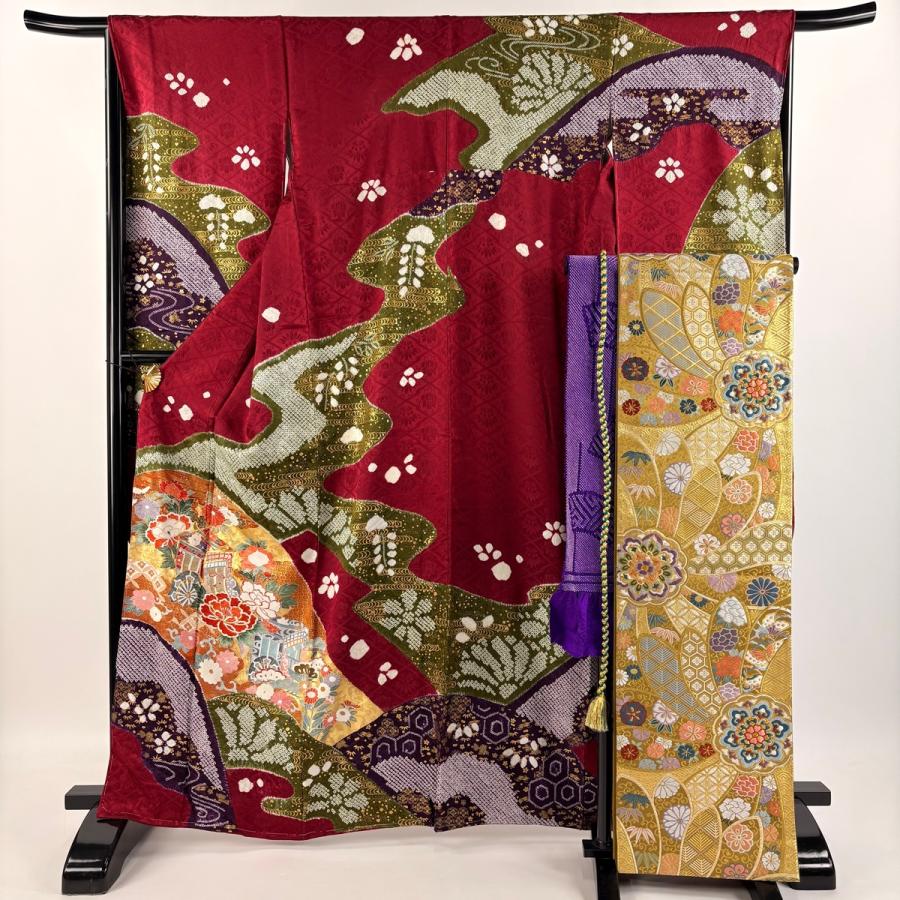 振袖 フルセット美品 名品 御所車 草花 箔 金彩 紫 袷