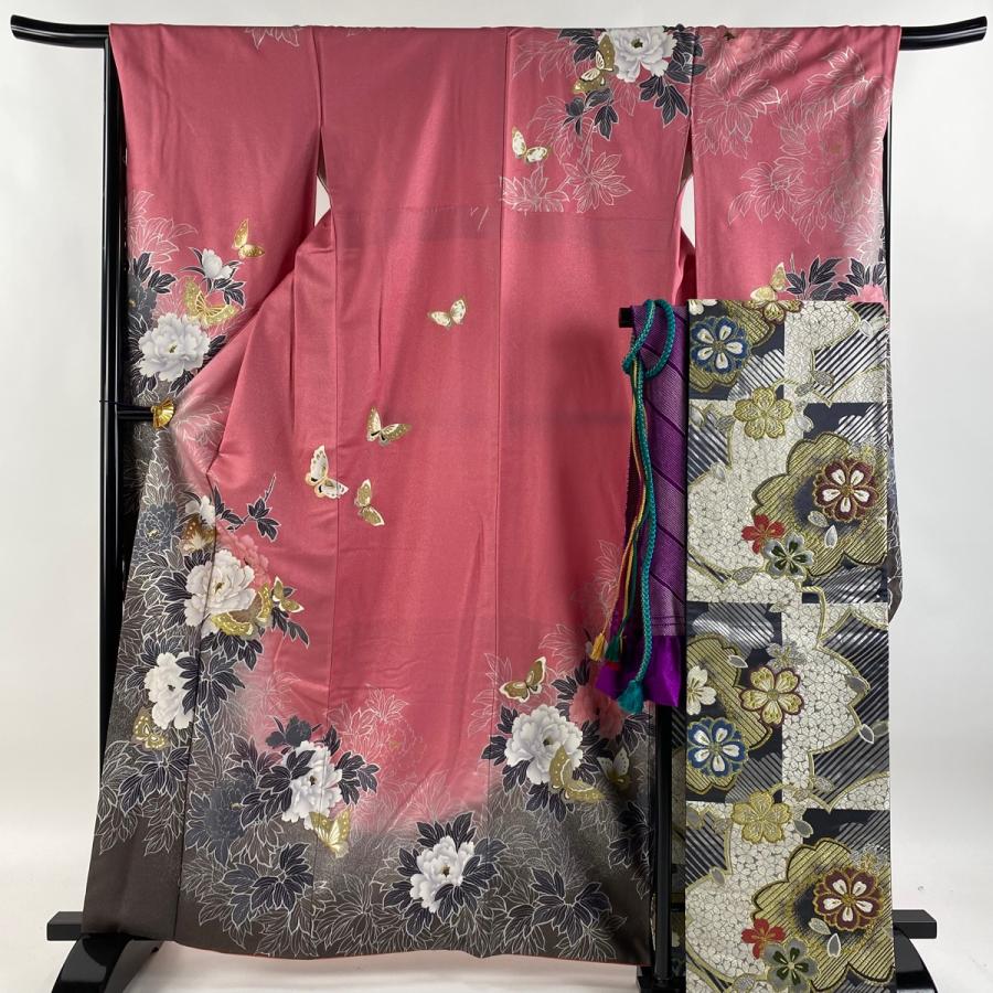 振袖 美品 名品 牡丹 蝶 刺繍 金彩 クリーム 袷