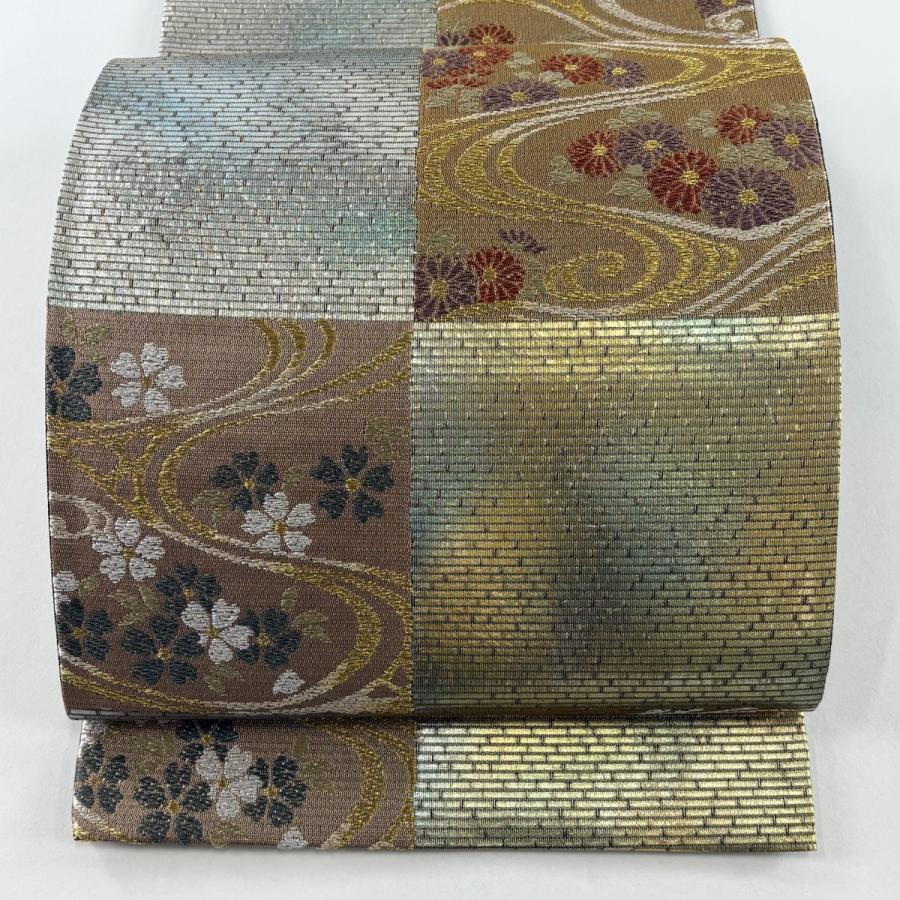 袋帯 美品 秀品 菊 桜 金糸 金銀彩 灰緑 六通 正絹 中古 在庫一掃