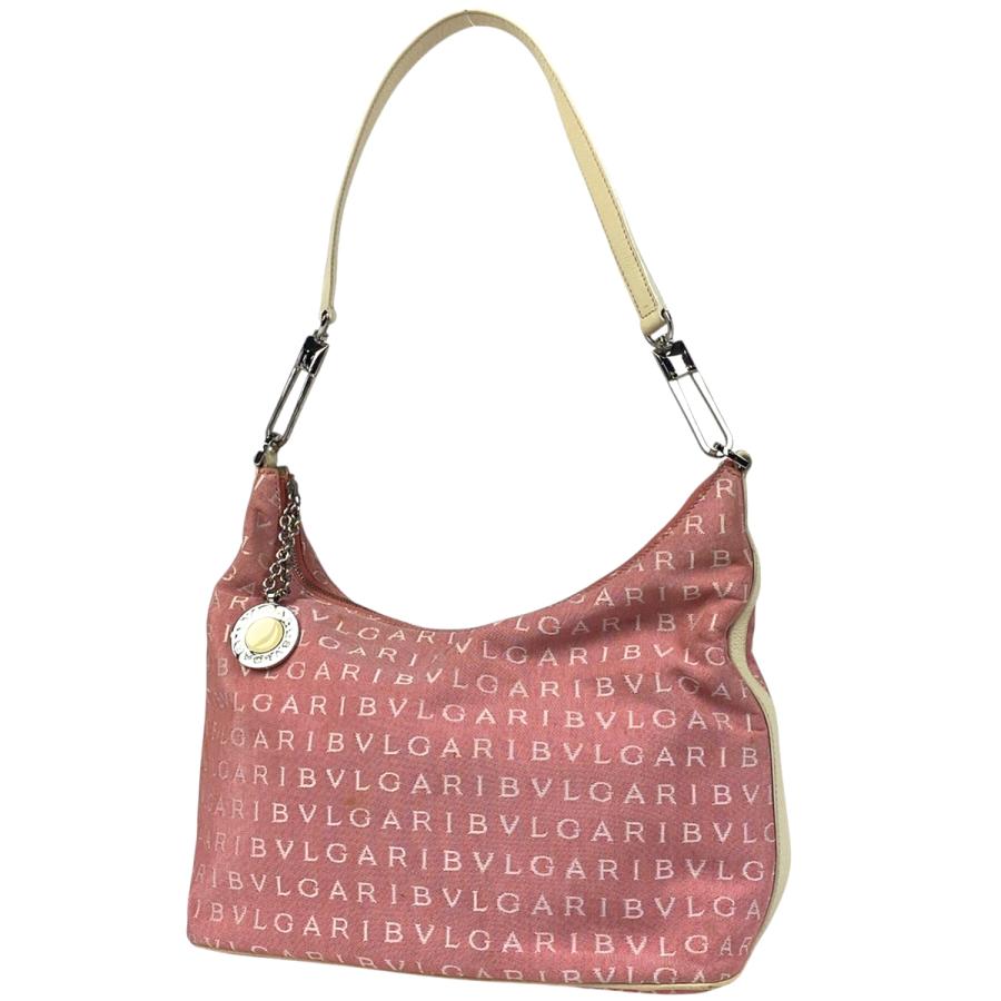 【美品】ブルガリ ワンショルダー ロゴマニア キャンバス レザー ピンク BVLGARI（ブルガリ） ロゴマニア ショルダーバッグ ワンショルダー