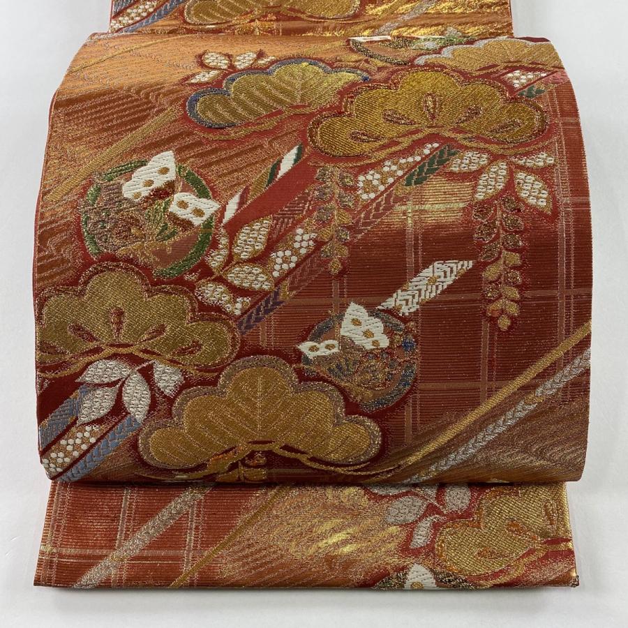 袋帯 美品 秀品 笠松 蝶 金銀糸 箔 赤茶 六通 正絹 中古 在庫