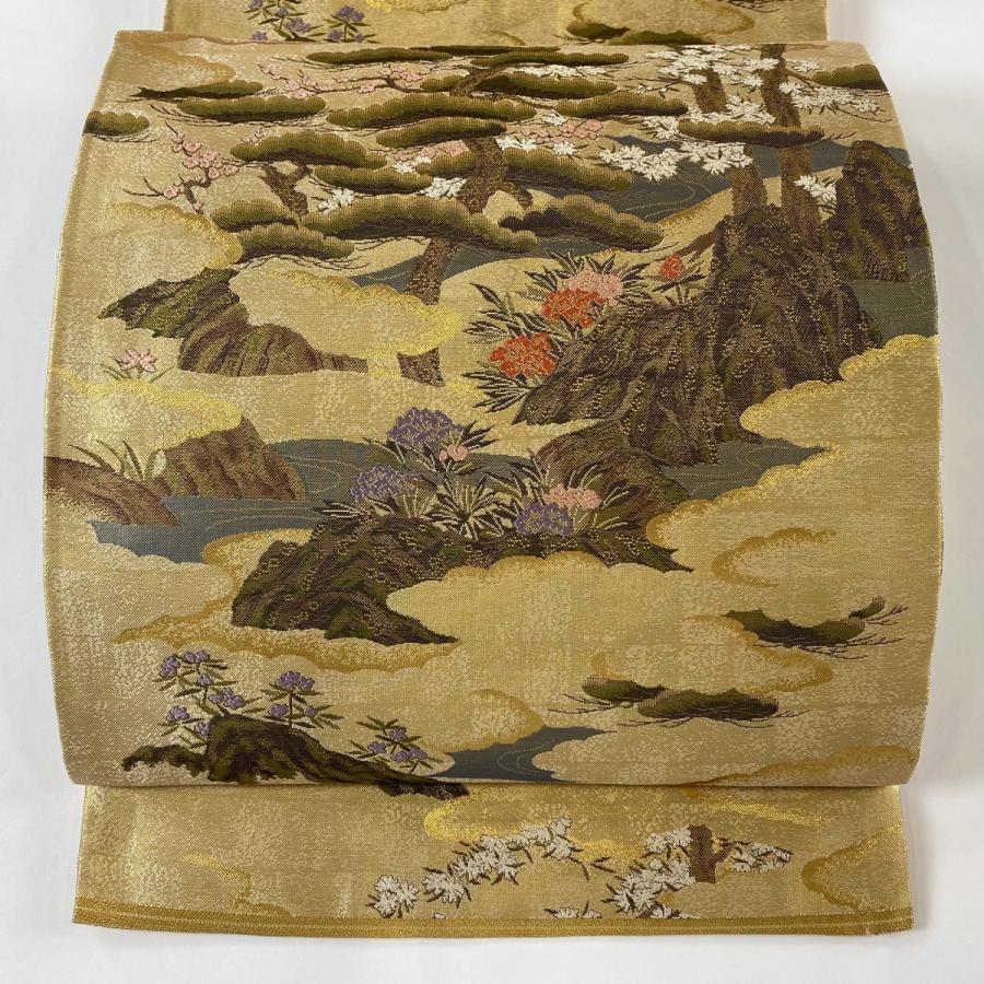 袋帯 美品 秀品 関西仕立て 松 雲文 箔 金色 六通 正絹 中古 在庫一掃