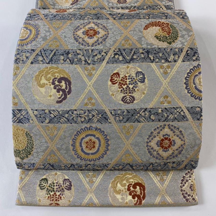 袋帯 美品 秀品 華文 波頭 金銀糸 箔 青灰色 六通 正絹 中古