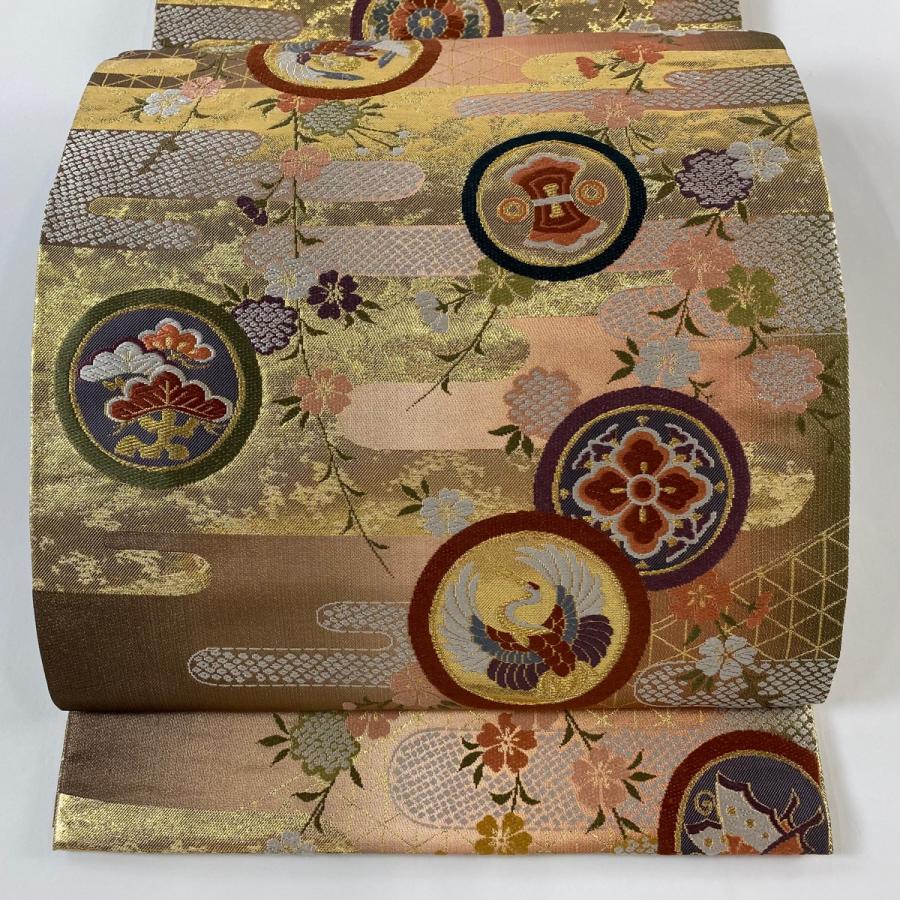 袋帯 美品 秀品 鳥丸紋 桜 箔 金糸 サーモンピンク 六通 正絹 中古