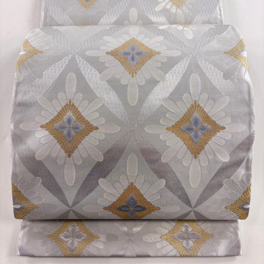 袋帯 美品 名品 花菱 七宝 金糸 箔 灰色 六通 正絹 中古 : リユース