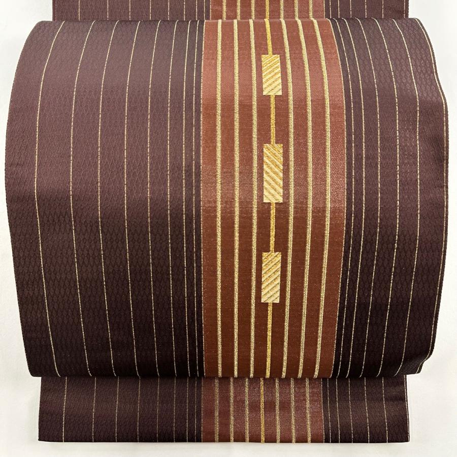 袋帯 秀品 幾何学 金糸 茶紫 お太鼓柄 正絹 【】 【公式通販】