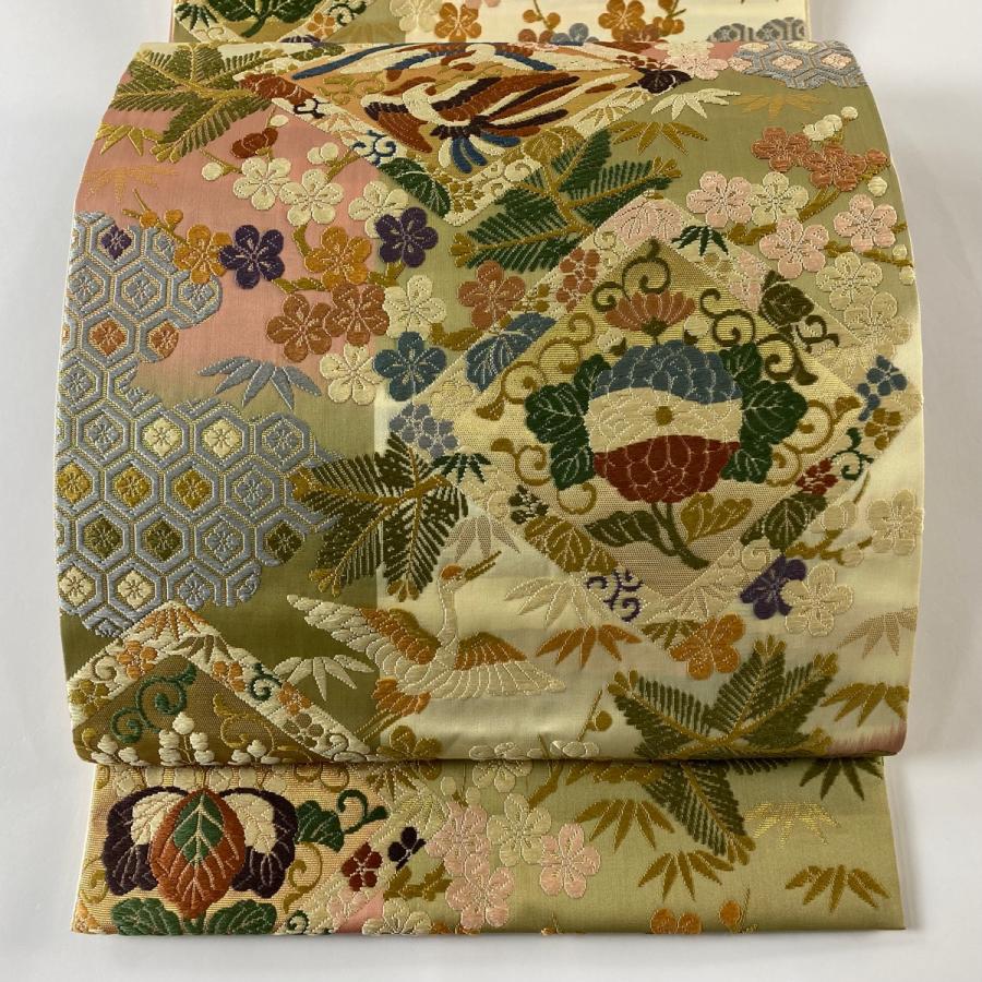袋帯 美品 秀品 花鳥 松竹梅 唐織 箔 クリーム 六通 正絹 中古 在庫