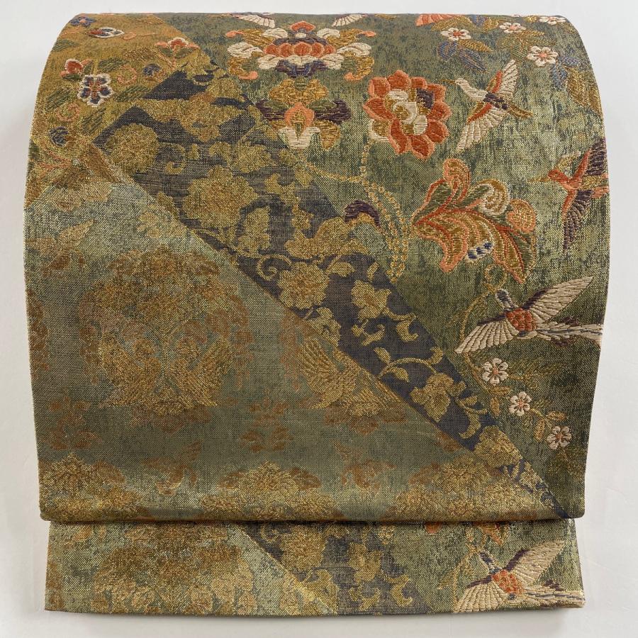 袋帯 美品 秀品 花喰い鳥 枝花 金糸 箔 山吹茶色 六通 正絹 中古 在庫
