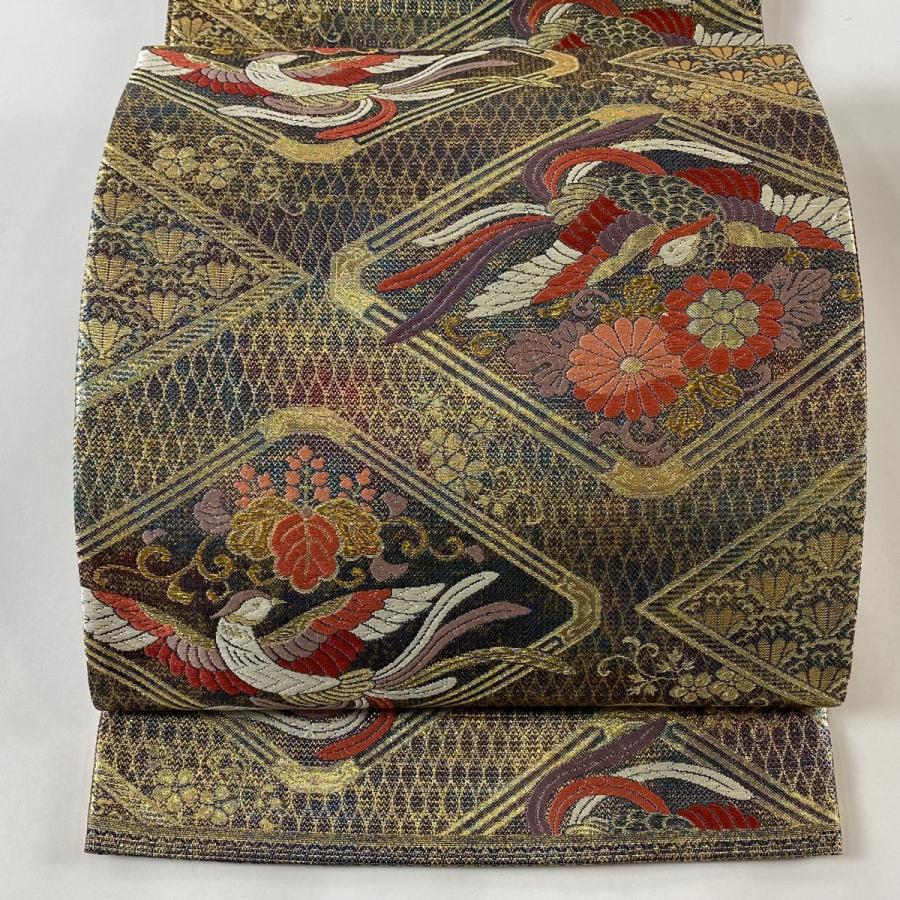 袋帯 美品 秀品 花鳥 菱 金糸 箔 金色 六通 正絹 中古 : リユース