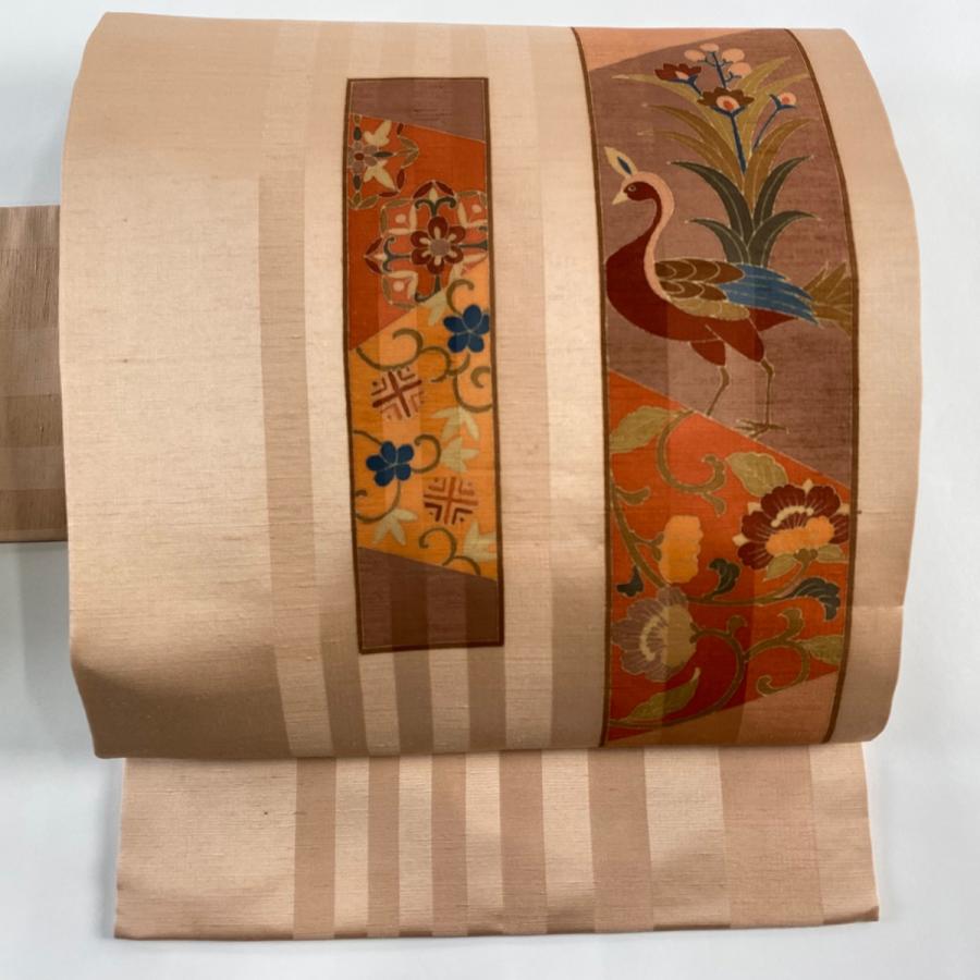 名古屋帯 秀品 紬地 短冊 花鳥 薄ピンク 正絹 中古 在庫一掃