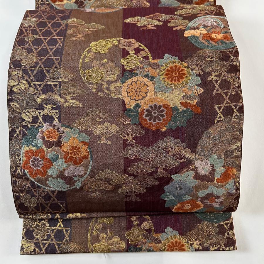 袋帯 秀品 花丸文 松 金糸 刺繍 赤紫 六通 正絹 中古 在庫一掃