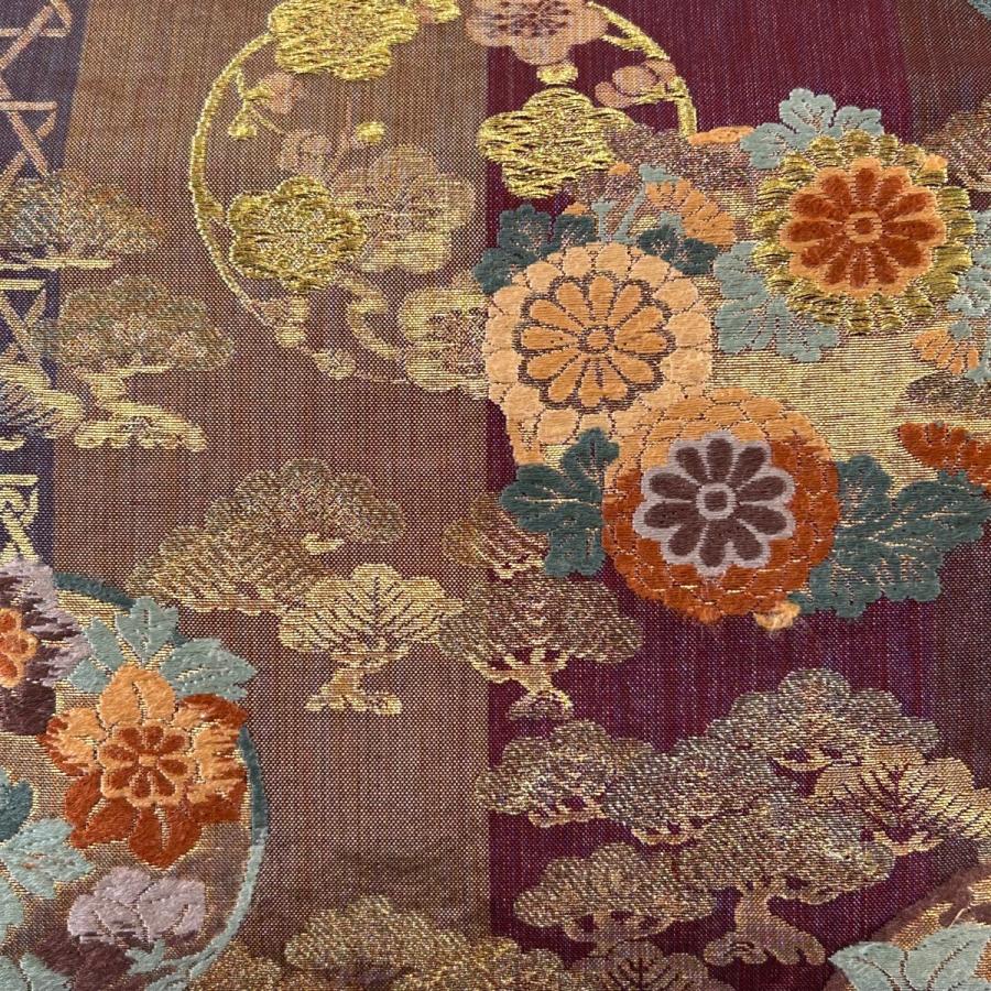 袋帯 秀品 花丸文 波 唐織 金糸 赤紫 六通 正絹 【中古】 袋帯 美